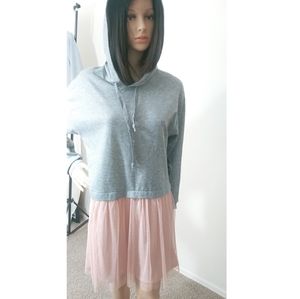 Women's Grey Hooded Pullover with Pink Tulle Skirt Detail